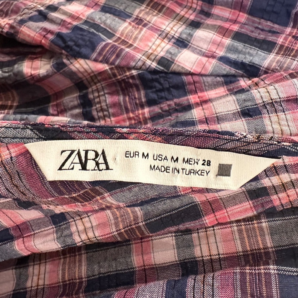 Zara Plaid Crop Top Women Medium Pink Smocked Balloon Sleeve Preppy Cottage Boho - Picture 4 of 12
